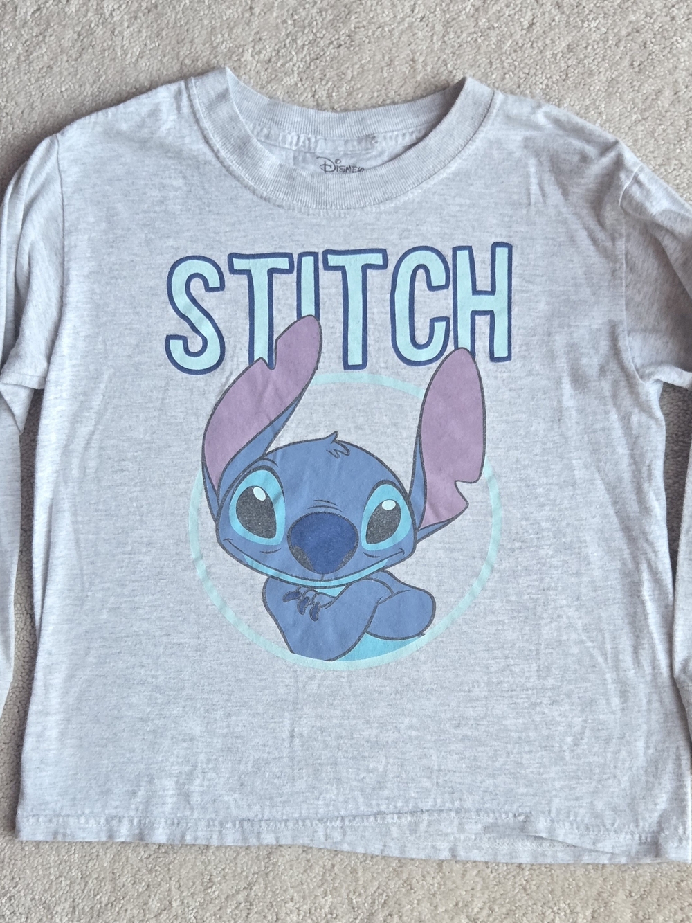 Disney Light Gray Kids Long Sleeve Tee with Blue & Purple Stitch Graphic